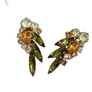 Vintage Green and Gold Leaf Design Earrings with Gemstones